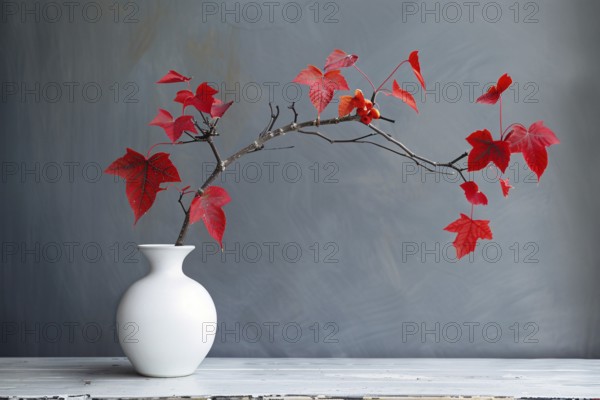 White vase with tree branch with red autumn leaves. Generative Ai, AI generated