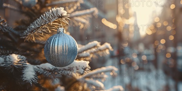 Christmas banner with elegant blue baubles ornament with snow covered tree with city in blurry