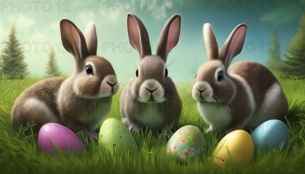 Three bunnies as Easter bunnies with colourful Easter eggs in fresh green grass, AI-generated