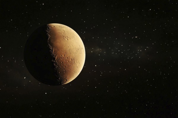 Red planet Mars in black sky with stars. Generative Ai, AI generated