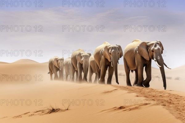 Desert elephants walking on top of a sand dune, Africa, AI generated