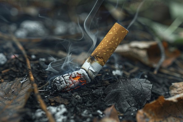 Burning cigarette butt on forest ground risking fire. KI generiert, generiert, AI generated