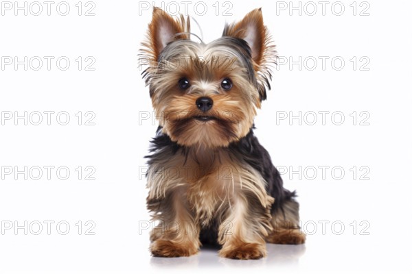 Cute small Yorkshire Terrier dog on white background. KI generiert, generiert, AI generated
