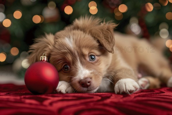 Cute dog puppy with red Christmas tree bauble. Generative AI, AI generated