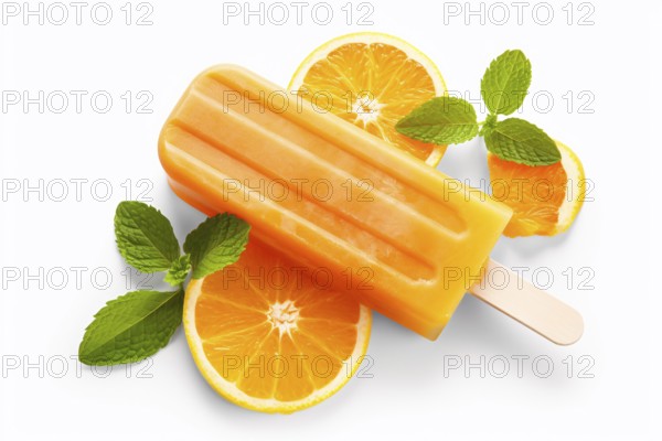 Orange popsicle on white background. KI generiert, generiert, AI generated
