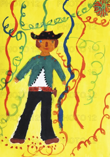 Naive illustration, children's drawing, child in cowboy costume at carnival