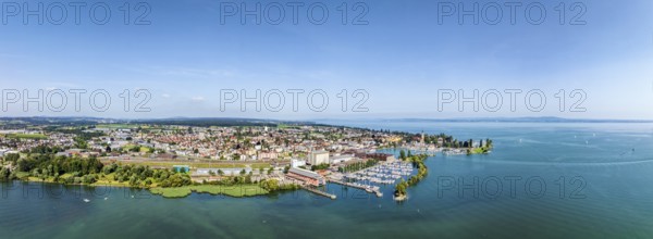 Harbour area, ferry port, yacht harbour, marina of Romanshorn with lake park, aerial view,