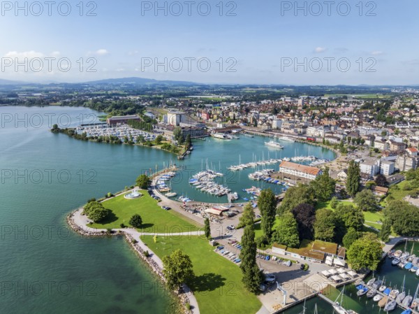 Harbour area, ferry port, yacht harbour, marina of Romanshorn with lake park, aerial view, Lake