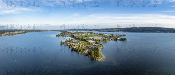 Aerial view, panorama of the island of Reichenau in Lake Constance seen from the west, on the left