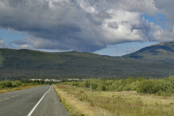 Endless road, with single motorhome, forest, wilderness, Alaska Highway, Yukon Territory, Canada,