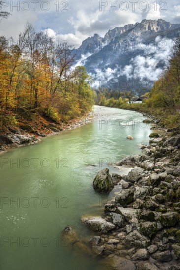 The River Lammer at the end of the Lammerklamm gorge. The Tennengebirge mountains in the background