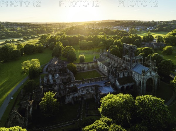 Kirkstall Abbey from a drone, Kirkstall, River Aire, Leeds, West Yorkshire, England, United