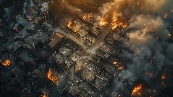 Aerial view of neighborhood in ruins from devastating fire. generative AI, AI generated
