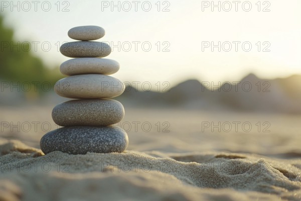 Rock balancing. Stack of stones in balance in front of blurry beach background with copy space.