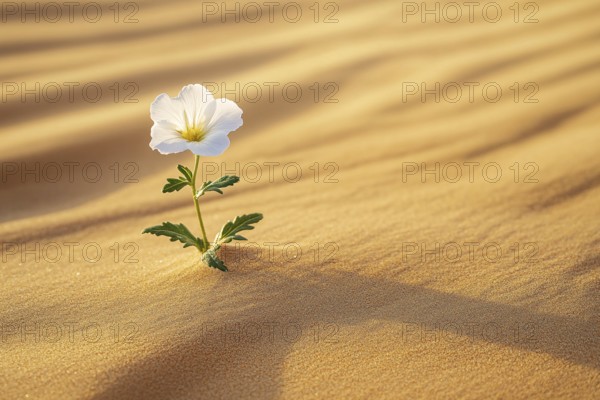 Single white flower growing in desert sand. Generative Ai, AI generated