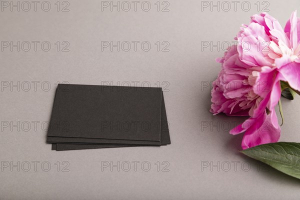 Black business card with pink peony flowers on gray pastel background. side view, copy space, still