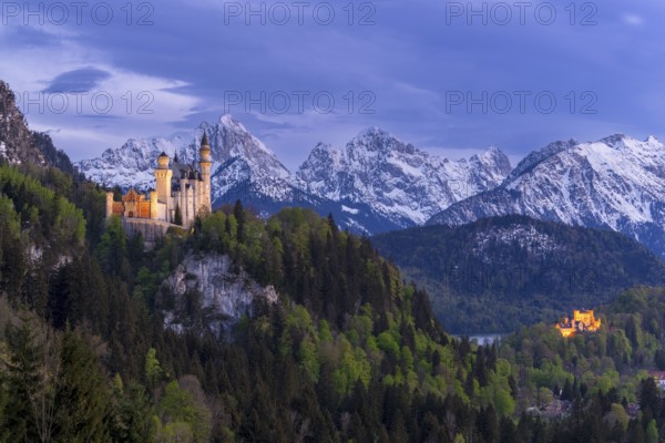 Neuschwanstein Castle near Füssen, Hohenschwangau Castle, Schwangau, Allgäu Alps, night shot,