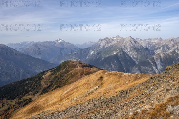 Venet ridge with Krahberg summit, view from Venet to mountains of the Parzinn group in the Lechtal