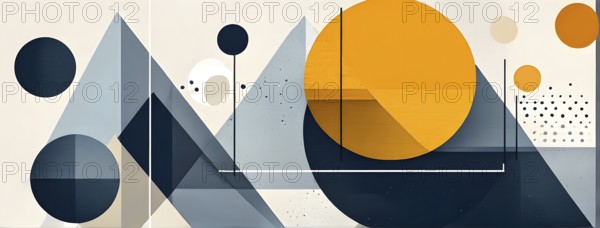 Minimalist composition of overlapping geometric shapes, such as circles, squares, and triangles,