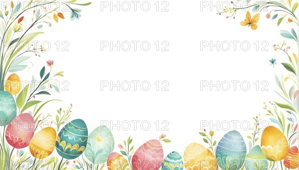 Abstract illustration of a Easter card with delicate colorful hand-drawn illustrations, empty space