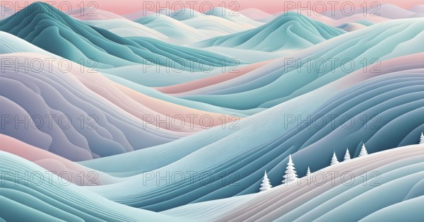 Christmas-themed abstract landscape with fluid, flowing lines representing snow-covered hills and