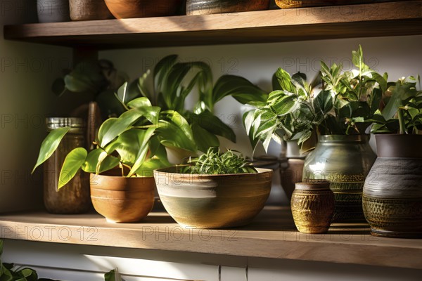 A sunlit kitchen corner, with a rustic wooden shelf holding neatly arranged ceramic bowls and a