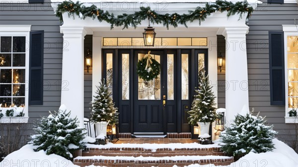 Festive front porch with holiday garlands wrapped around the columns, a wreath hanging on the door,