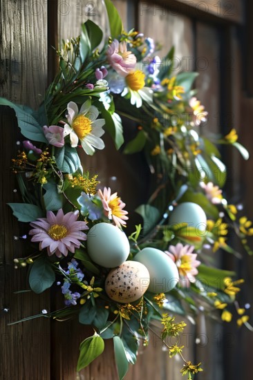 Spring wreath with pastel ribbons, speckled eggs, and blooming flowers, hanging on a wooden