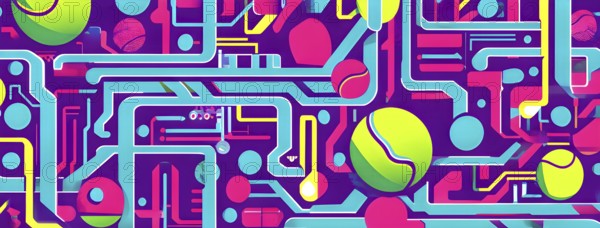 Vibrant mix of abstract circuitry intertwined with tennis balls, representing AI role in