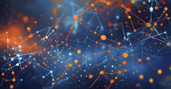 Symbol for artificial intelligence, lines, dots and pattern, vibrant blue and orange hues, abstract
