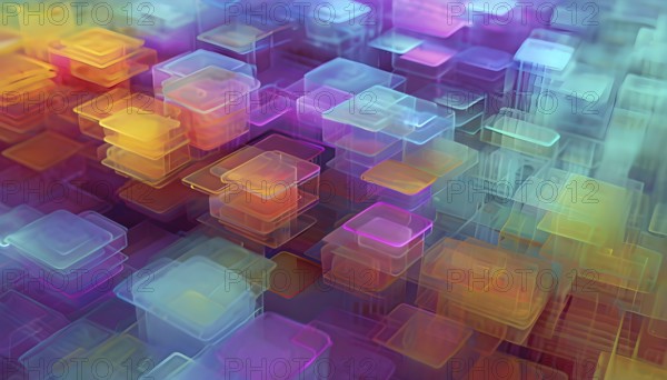 Layers of translucent squares moving in a synchronized flow, resembling dynamic data visualization,