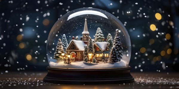 Snow globe with a tiny festive village inside, capturing the swirling snow and the light