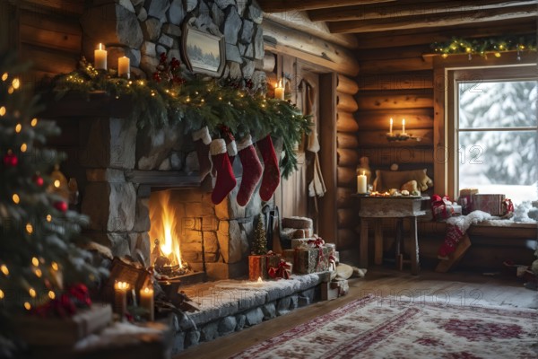 Traditional stone fireplace decorated for Christmas, with garlands, stockings, and candles, set in