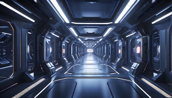 Three dimensional render of futuristic corridor inside a spaceship or space station, AI generated