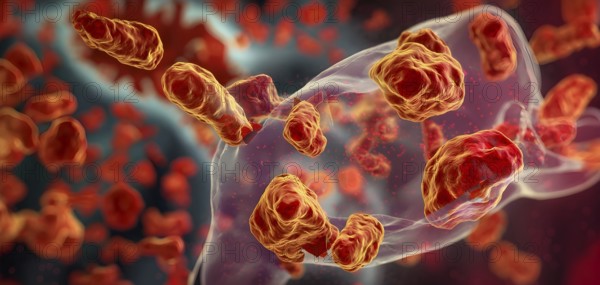Three dimensional render of a tuberculosis bacteria in an organism, AI generated