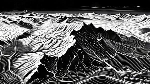 Abstract topographic map contour with complex terrain patterned, AI generated