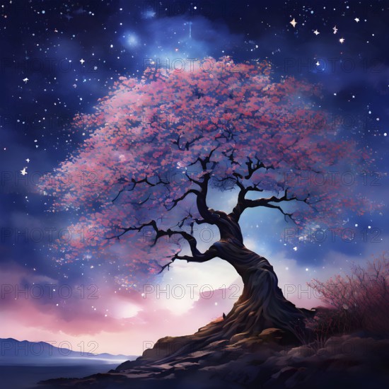Sakura tree blossoming with pink petals and branches reaching towards a star studded night sky, AI