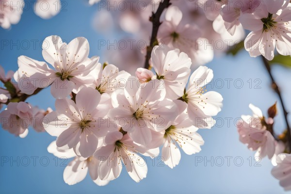 Blooming cherry blossoms with soft pink petals against a clear blue sky, with delicate sunlight