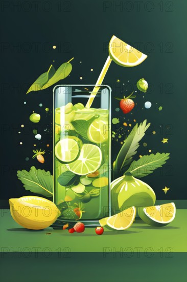 Abstract wallpaper composition with bottle of delicious green detox juice and fruits and