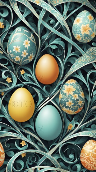 A whimsical abstract pattern with intertwined ribbons, eggs, and floral motifs, with a mix of sharp