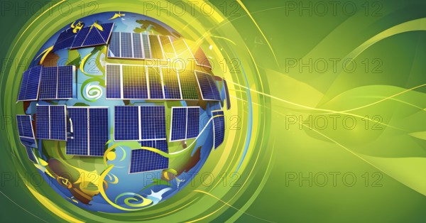 Illustration of a globe composed of triangular solar panels and swirling wind patterns, symbolizing