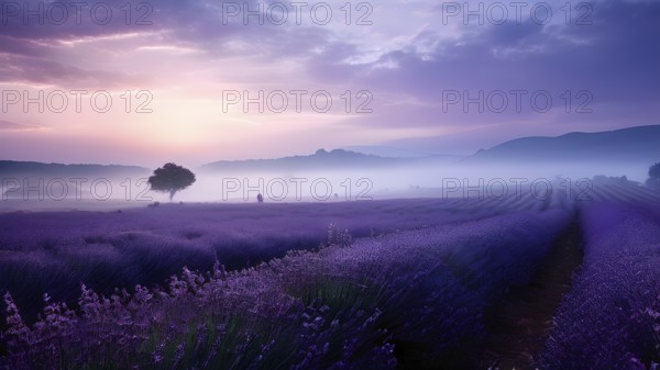 Lavender fields basking in a blanket of fog in sunrise, AI generated