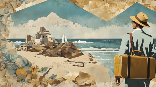 Vintage collage of a tourist with suitcase on a beach symbolizing vacation, AI generated