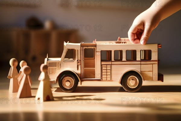 Vintage wooden fire engine toy with a playful design in front of blurred background, AI generated