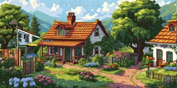 Pixel art illustration of a cozy village in summer with vibrant green roofs and blooming flowers,
