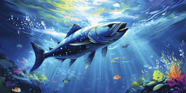 Illustration inspired by the fluid dynamics of a streamlined fish, AI generated