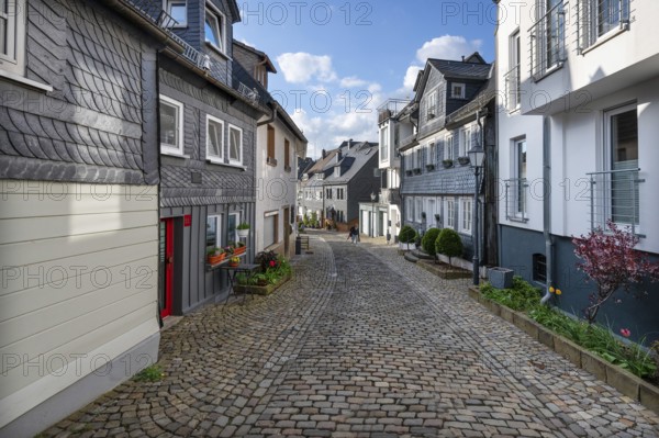 Cobbled old town alley with slate houses, Siegen, North Rhine-Westphalia, Germany, Europe