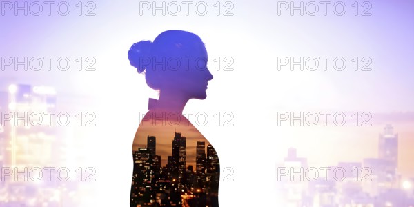 AI generated profile of a businesswoman with a double exposure of city lights, representing