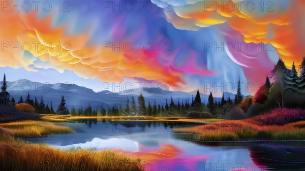 AI generated painting of a surreal landscape with mountains and a lake with digital brush strokes