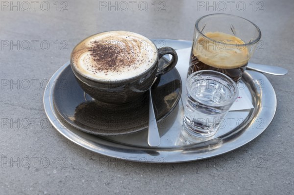 Cappuccino and an iced coffee served on a tray, Bavaria, Germany, Europe